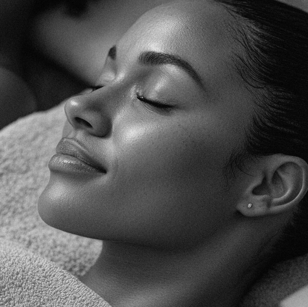 Beautiful black woman relaxing at luxury hotel spa wearing bathrobe and drinking coffee